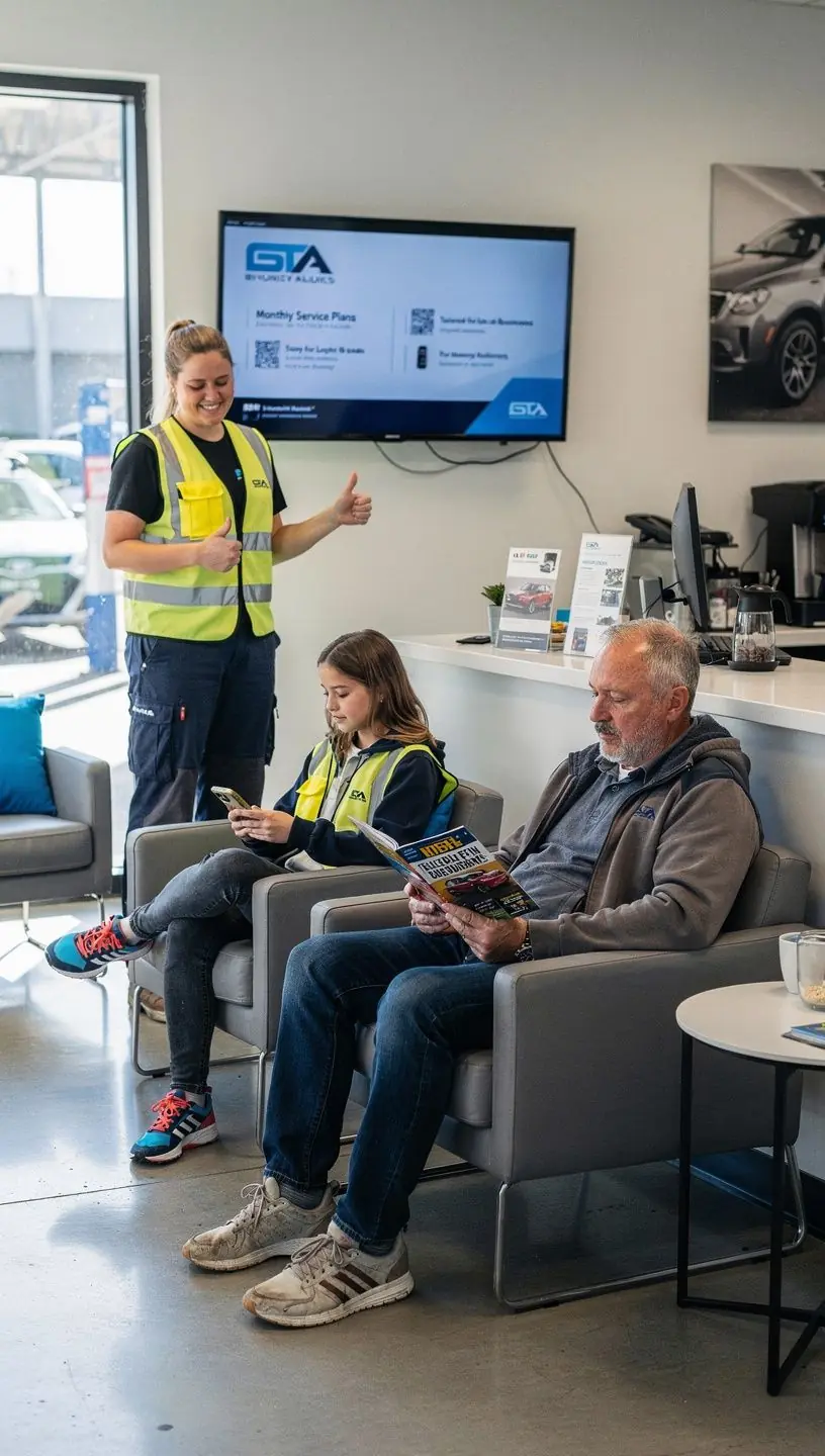 Werkstattmitarbeiter nutzt ein Tablet zur Echtzeitverfolgung und Dokumentation der Fahrzeugausfallzeiten während der Servicearbeiten.